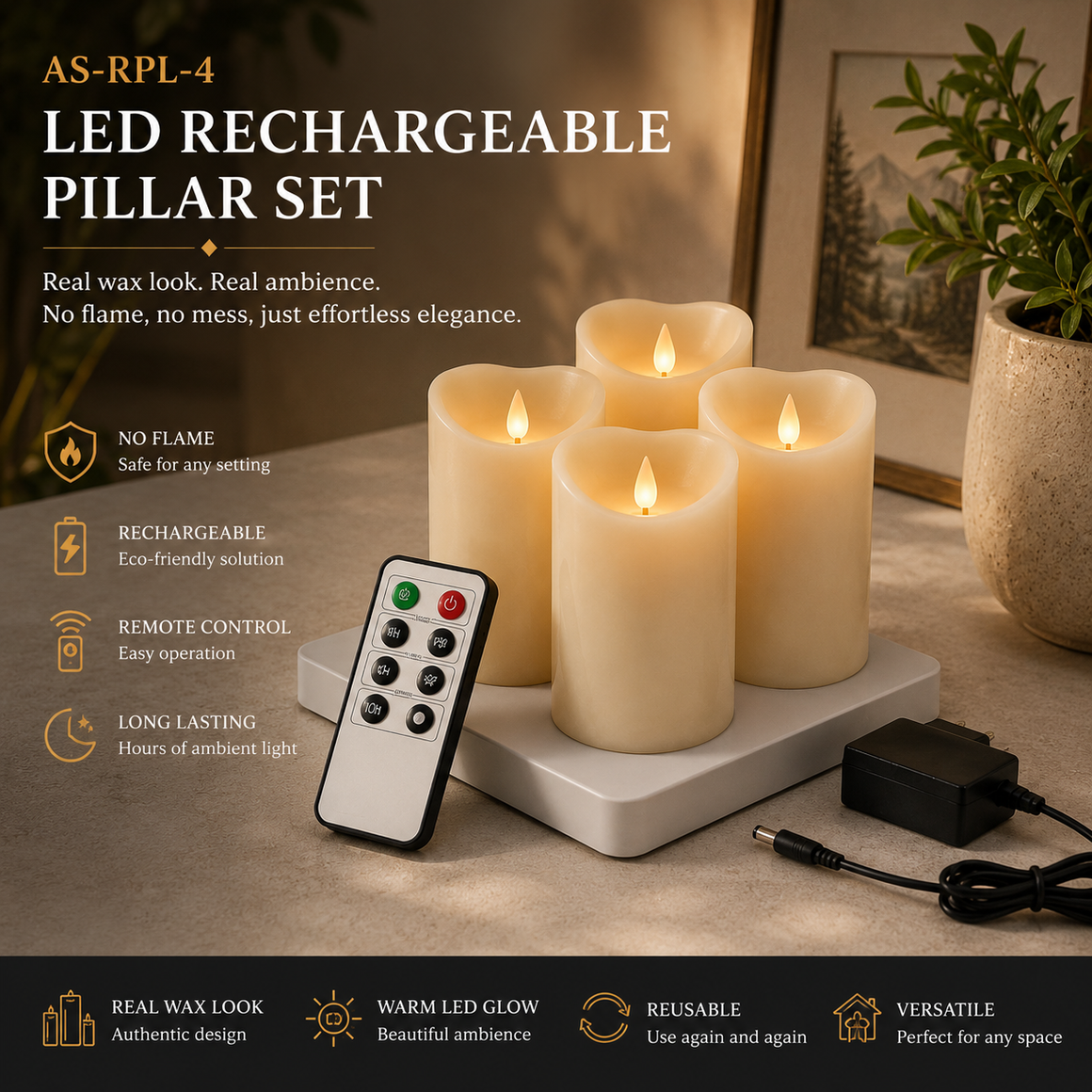 Rechargeable LED Pillar Candle System – 4 Pack